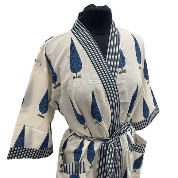 Cotton Block Printed Robe Cypress Tree Print - Picture 5 of 6